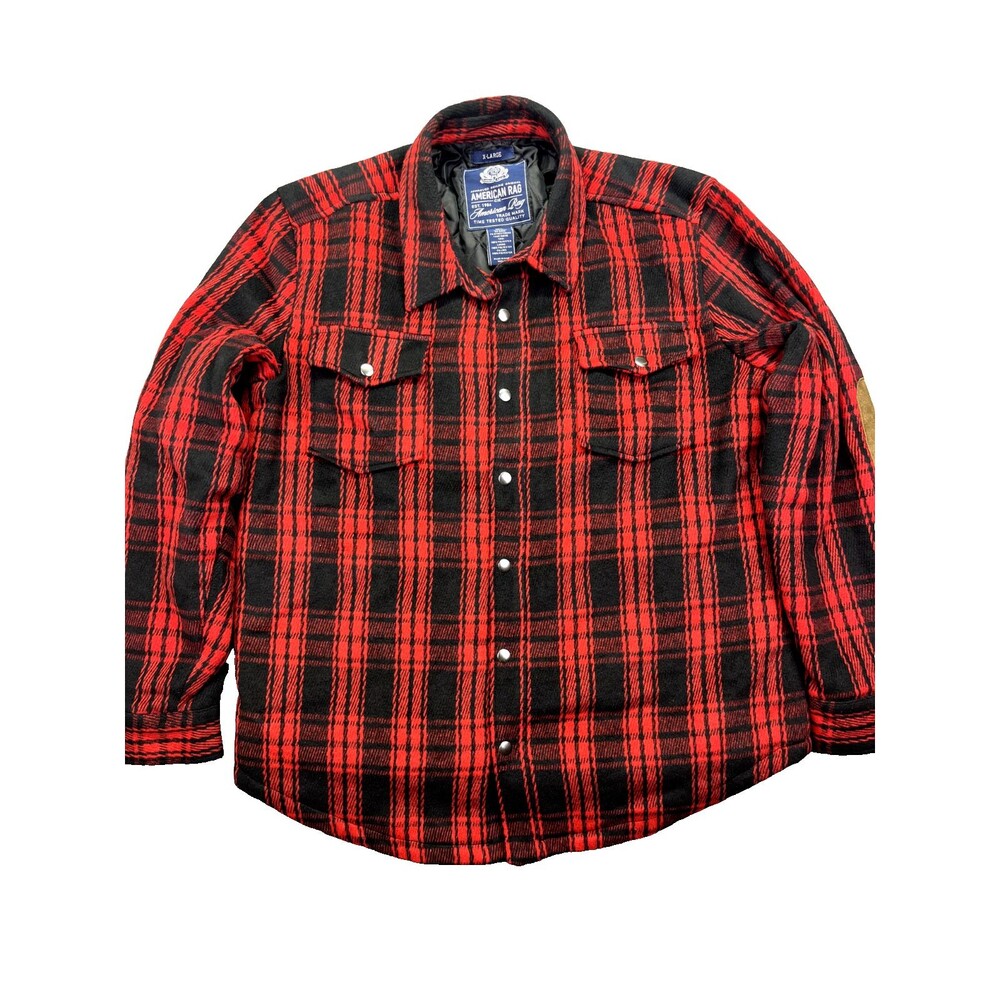 American Rag Shirt Jacket Mens XL Red Black Plaid‎ Quilted Snap Elbow Patches